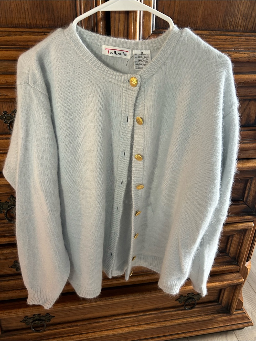 Talbots Pale Blue Cashmere-Blend Crewneck Button Cardigan